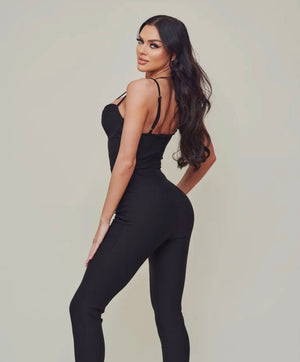 Black Plunge V-Neck Jumpsuit - Mintii