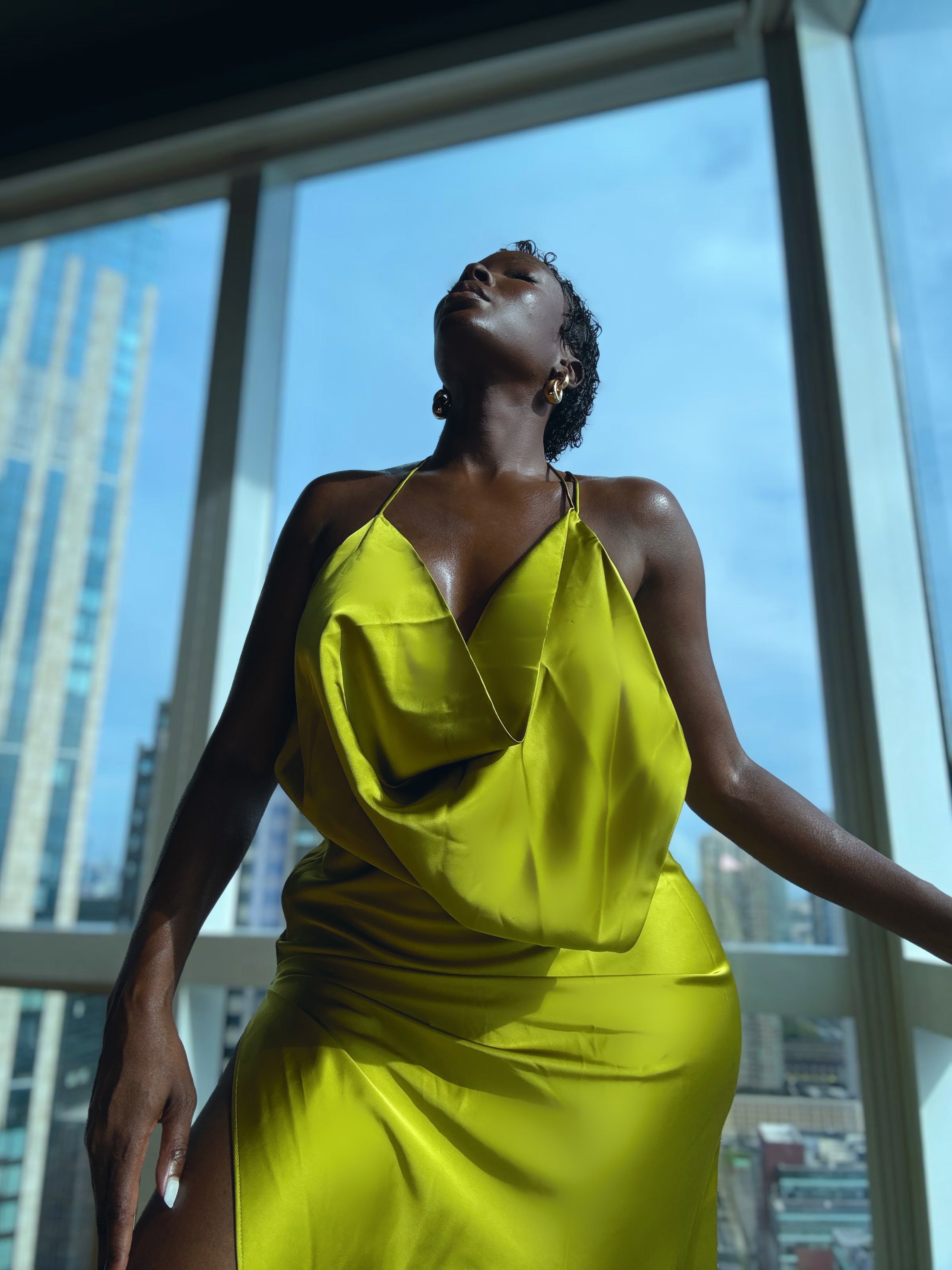 Olive Green Silk Open Back Dress