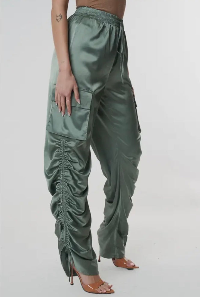Green Satin Cargo Pants