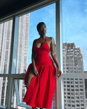 Red Halter Open Cut Dress - Mintii
