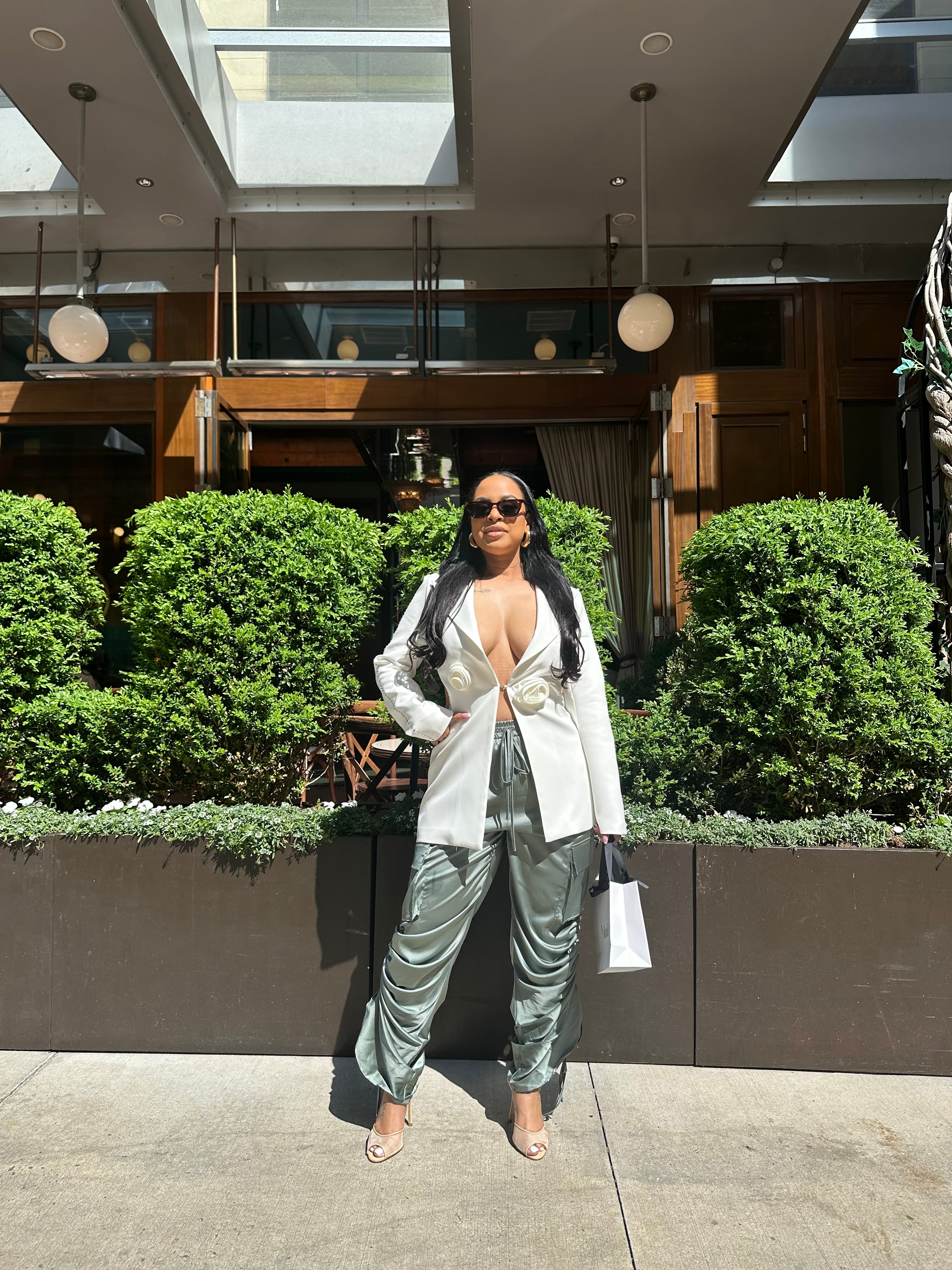 Green Satin Cargo Pants