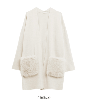 Off White Fur Pocket Cardigan - Mintii