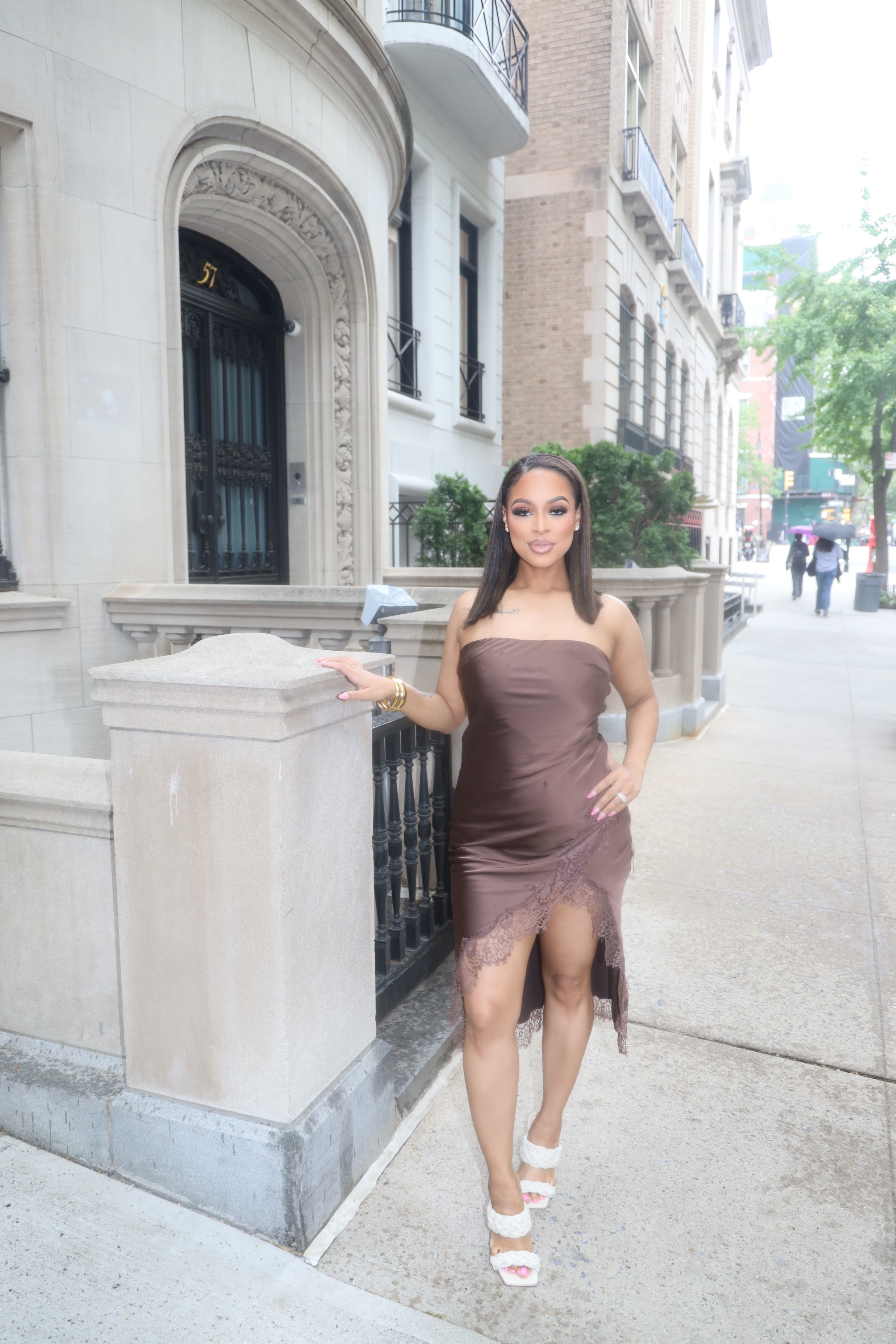 Coffee Satin strapless lace Dress