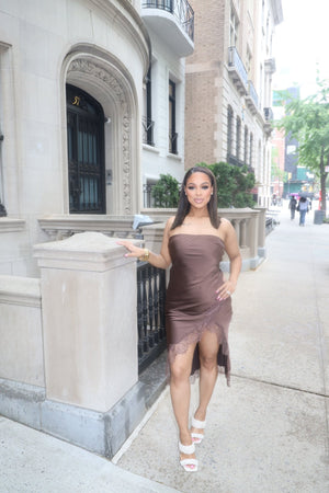 Coffee Satin strapless lace Dress - Mintii