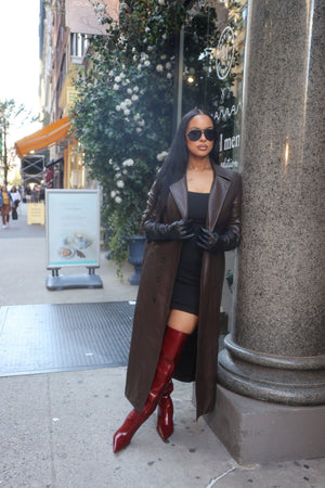 Brown Leather Trench Coat - Mintii