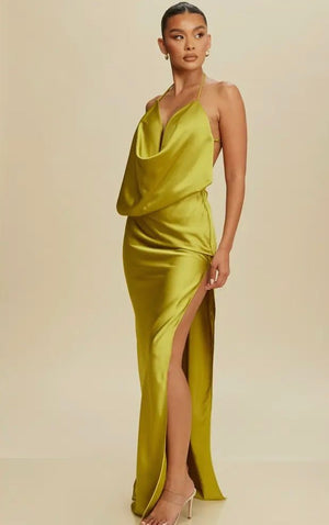 Olive Green Silk Open Back Dress - Mintii
