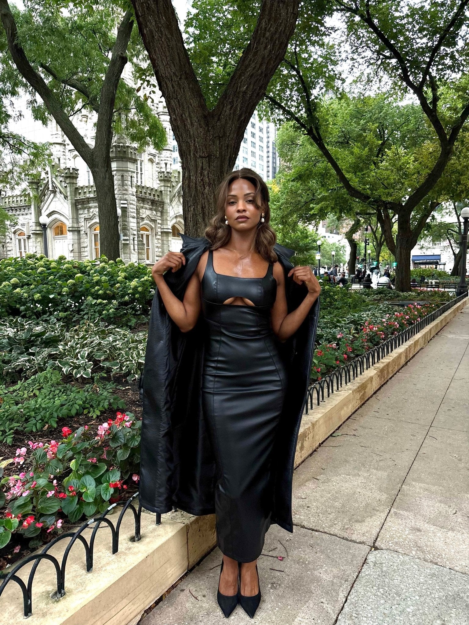 Black Cut Out Leather Dress - Mintii