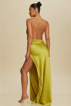 Olive Green Silk Open Back Dress - Mintii