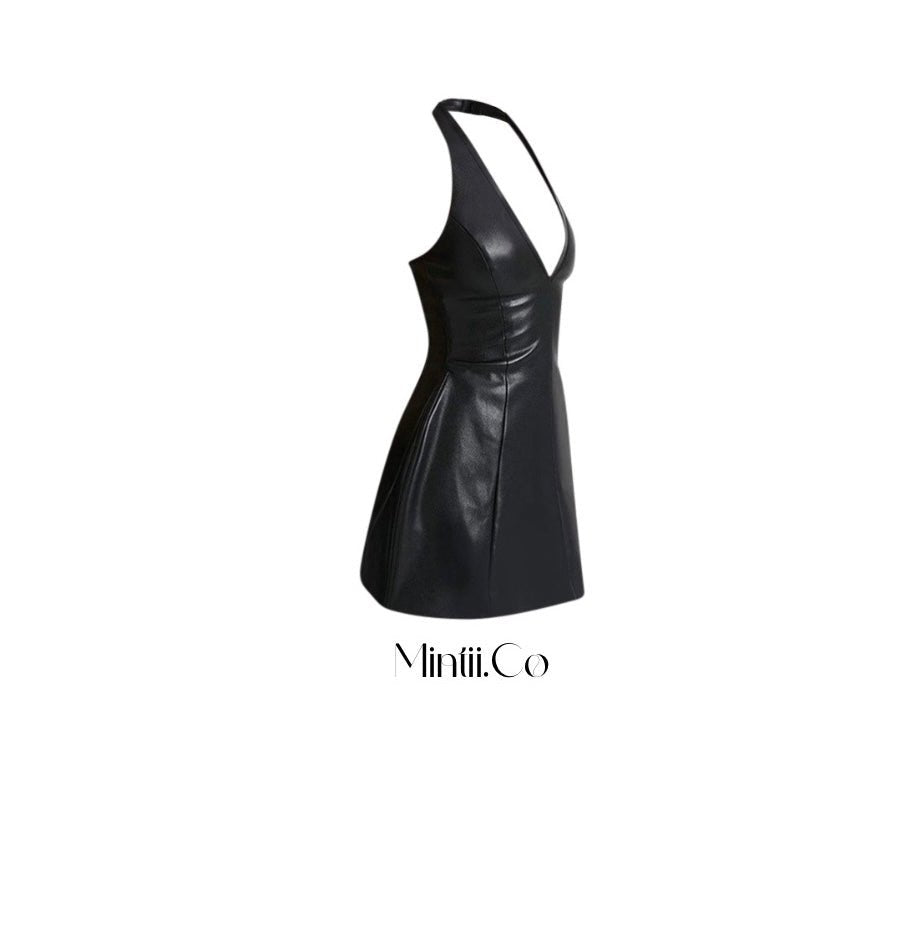 Black Leather Halter Dress - Mintii