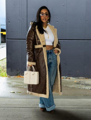 Mocha Fur Lined Leather Jacket - Mintii