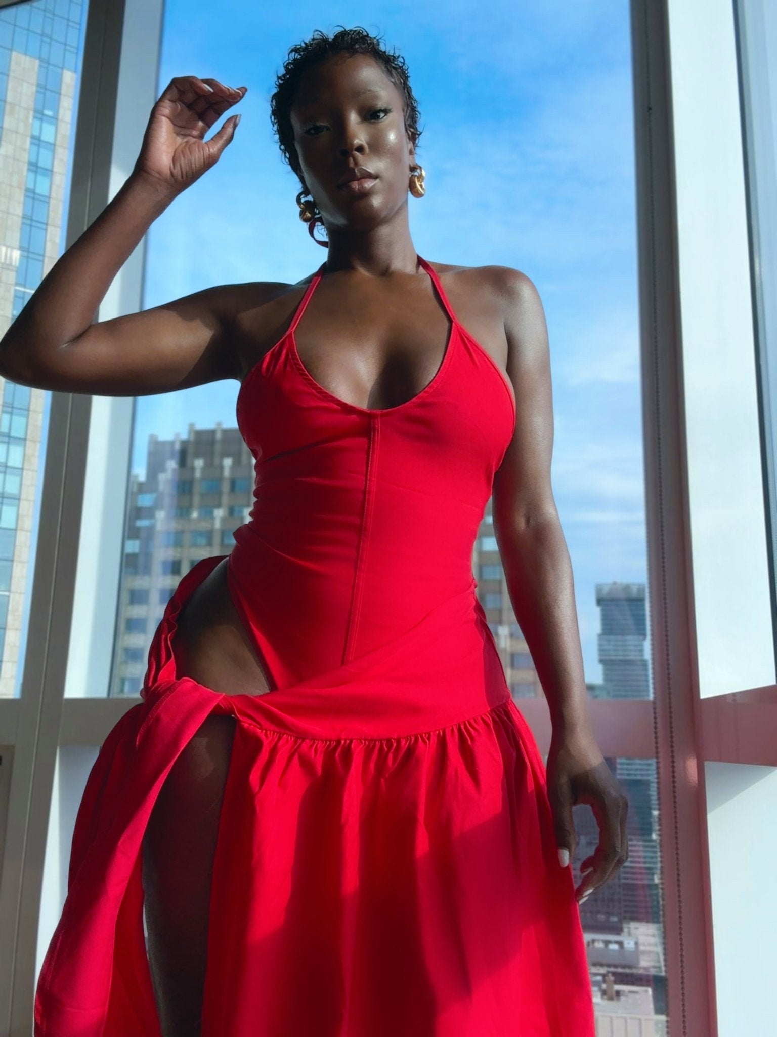 Red Halter Open Cut Dress - Mintii