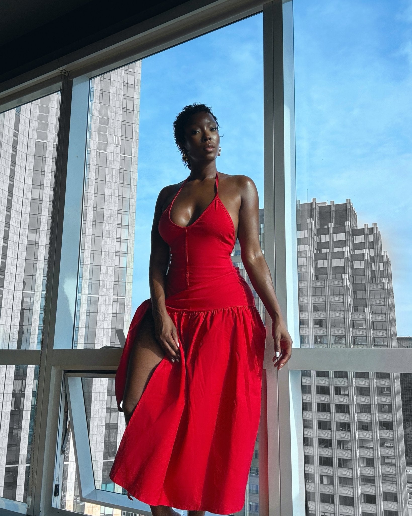 Red Halter Open Cut Dress - Mintii