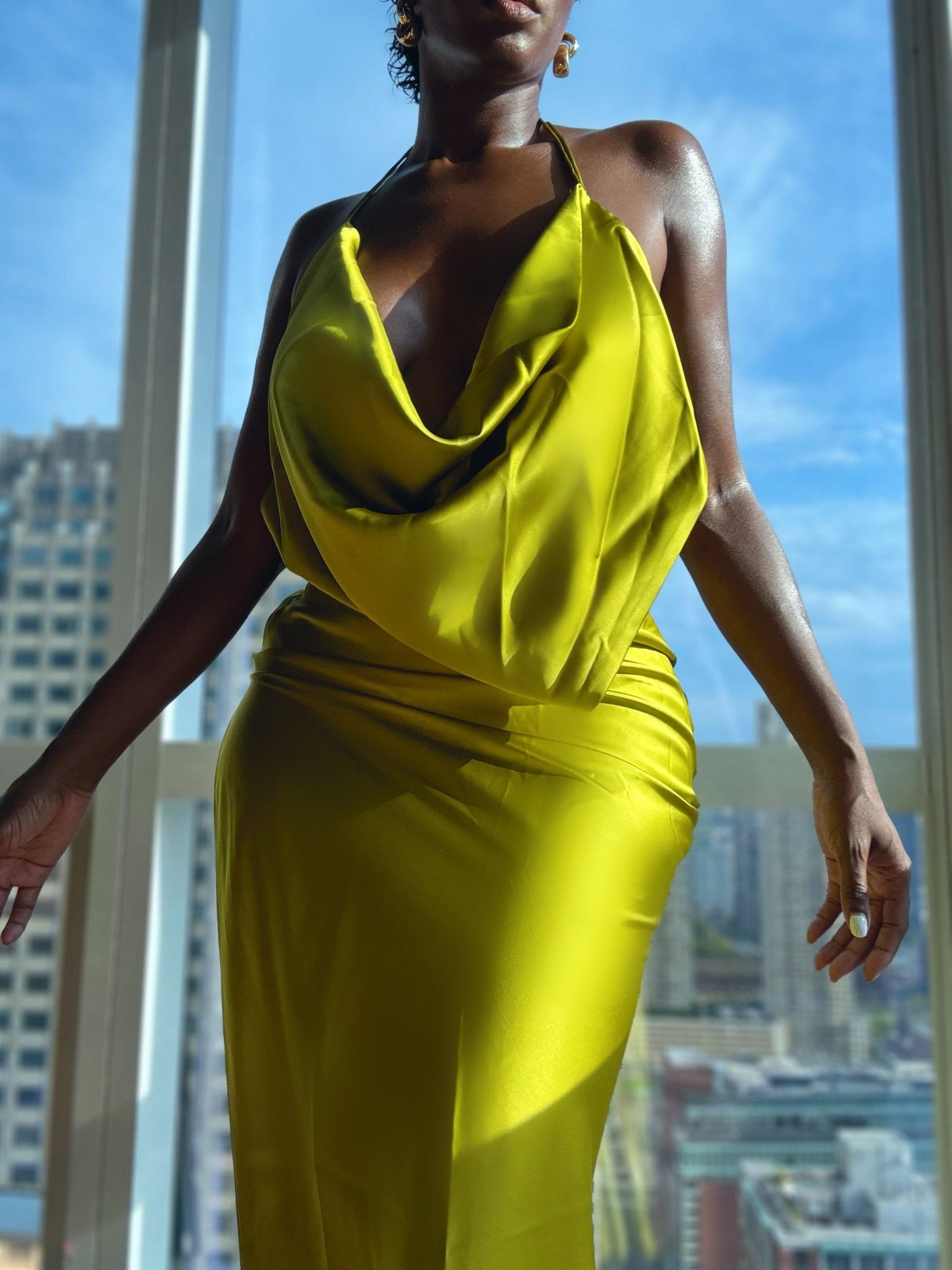 Olive Green Silk Open Back Dress - Mintii
