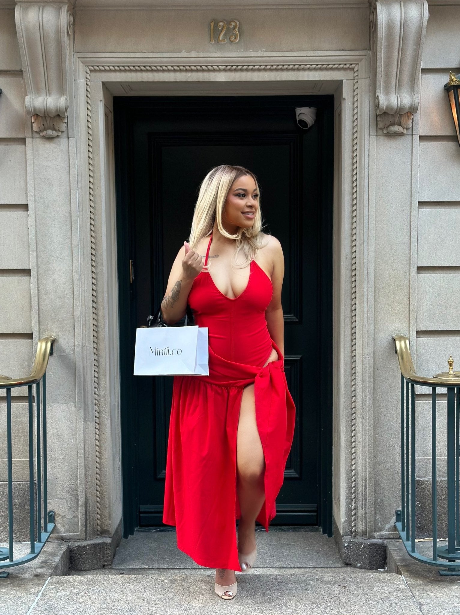 Red Halter Open Cut Dress - Mintii