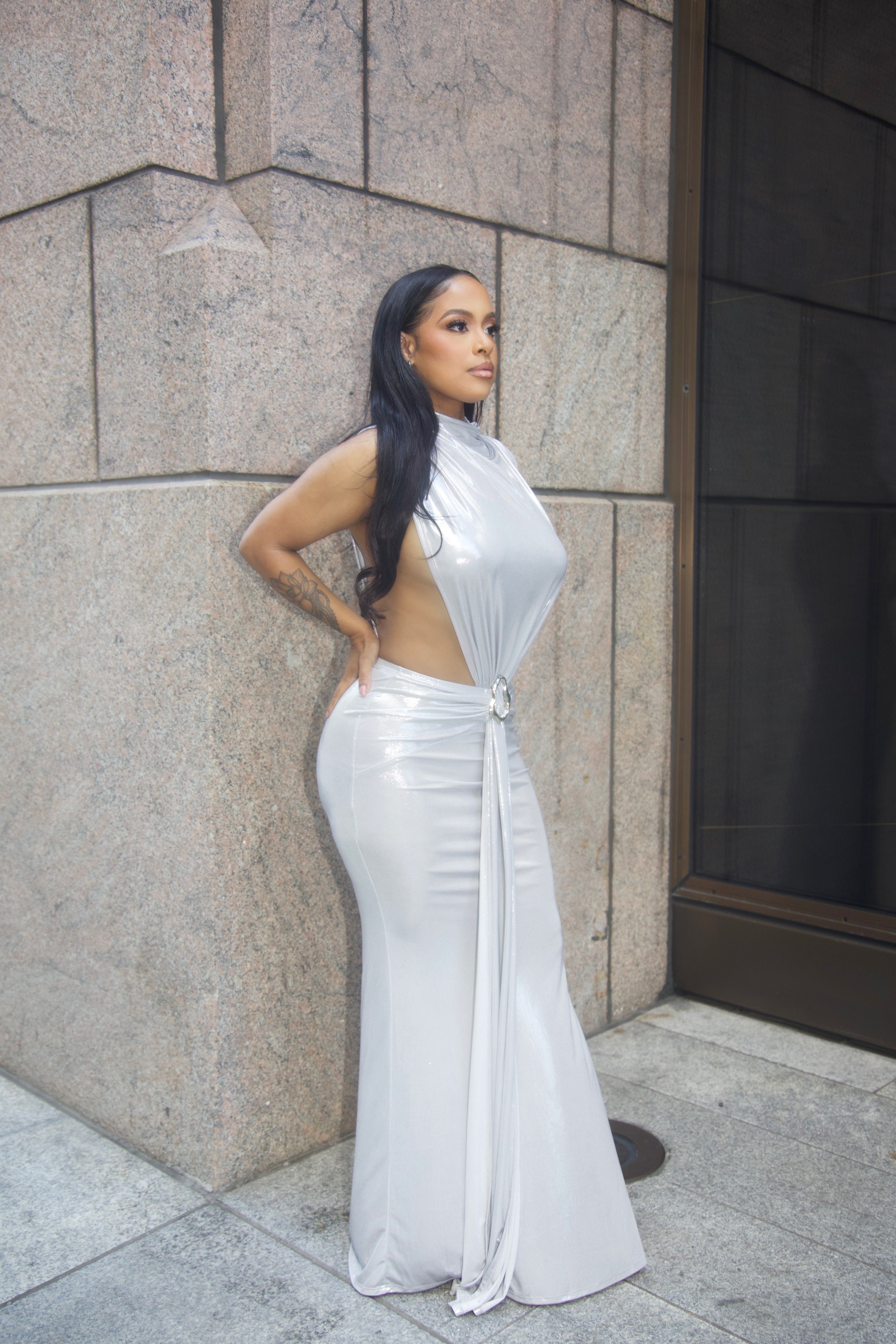 Silver Neck and Tied waist Dress