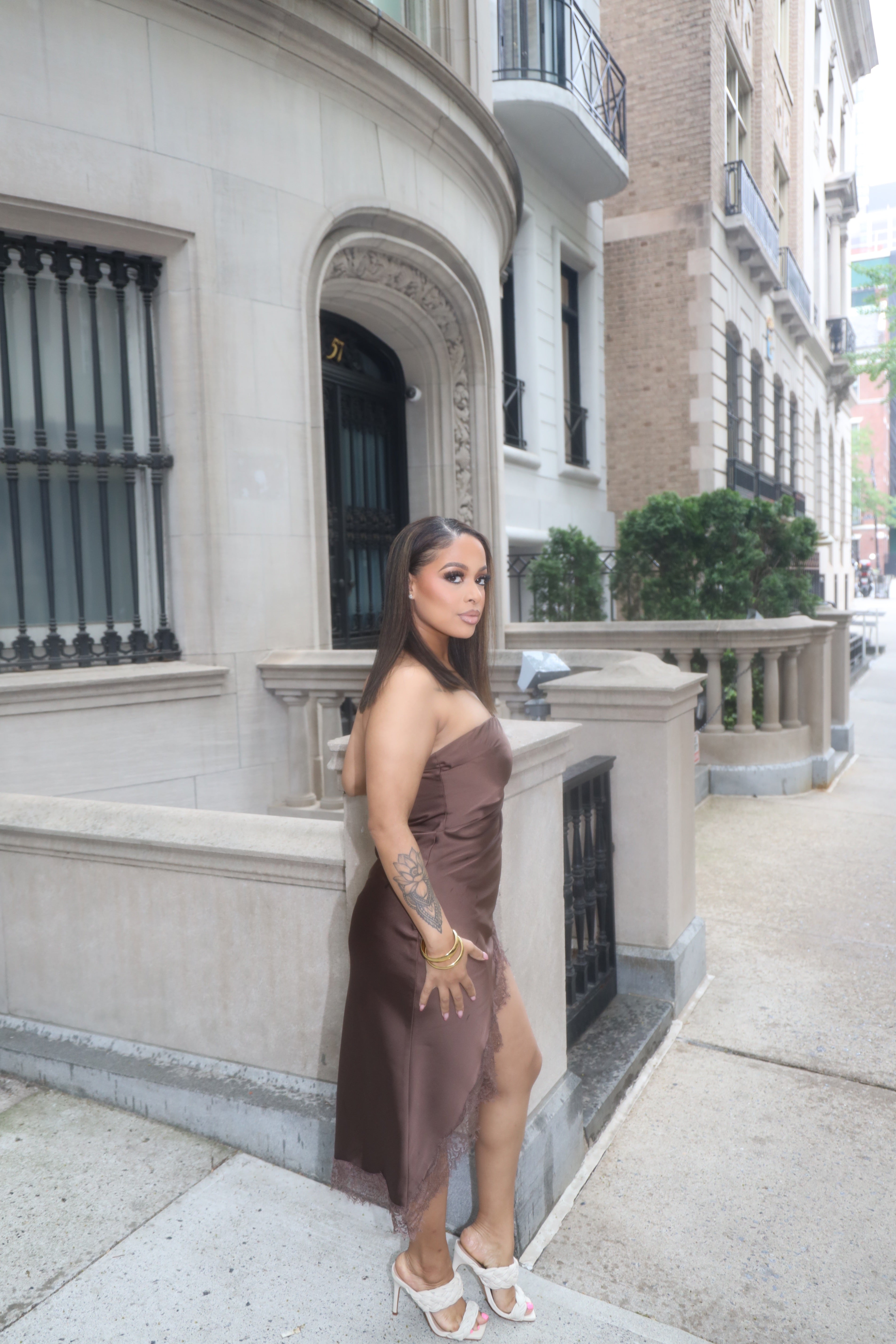 Coffee Satin strapless lace Dress