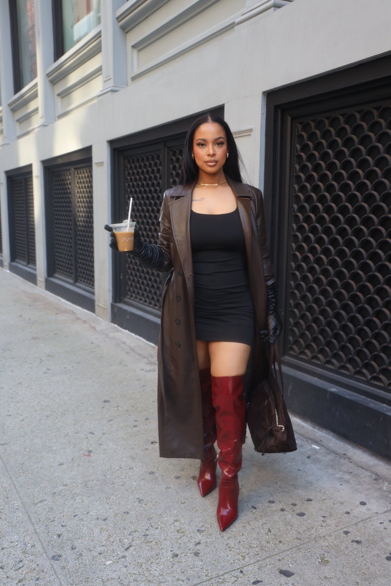 Brown Leather Trench Coat - Mintii