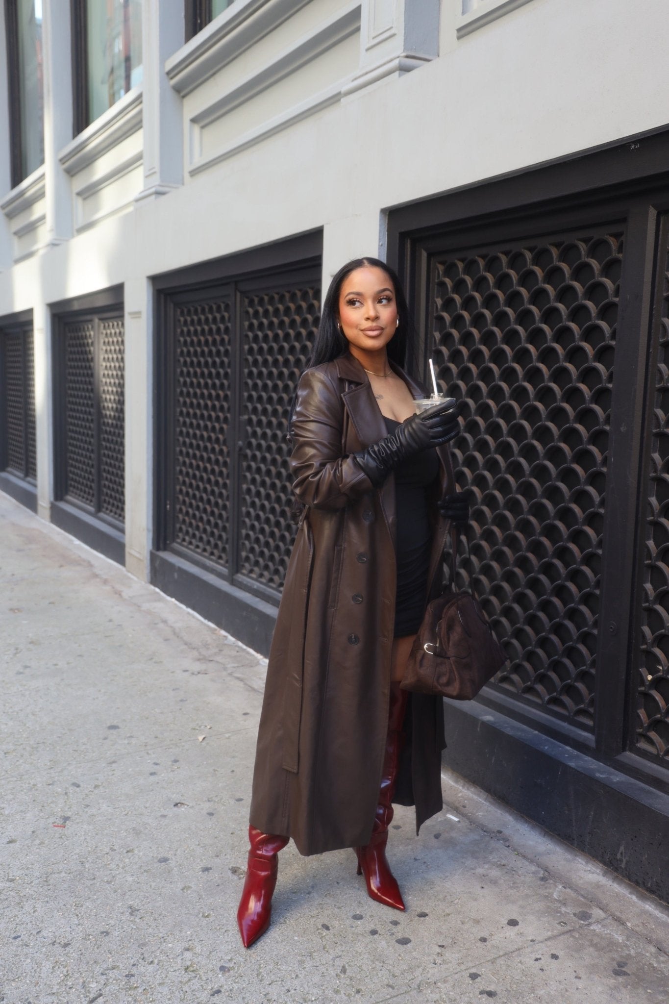 Brown Leather Trench Coat - Mintii