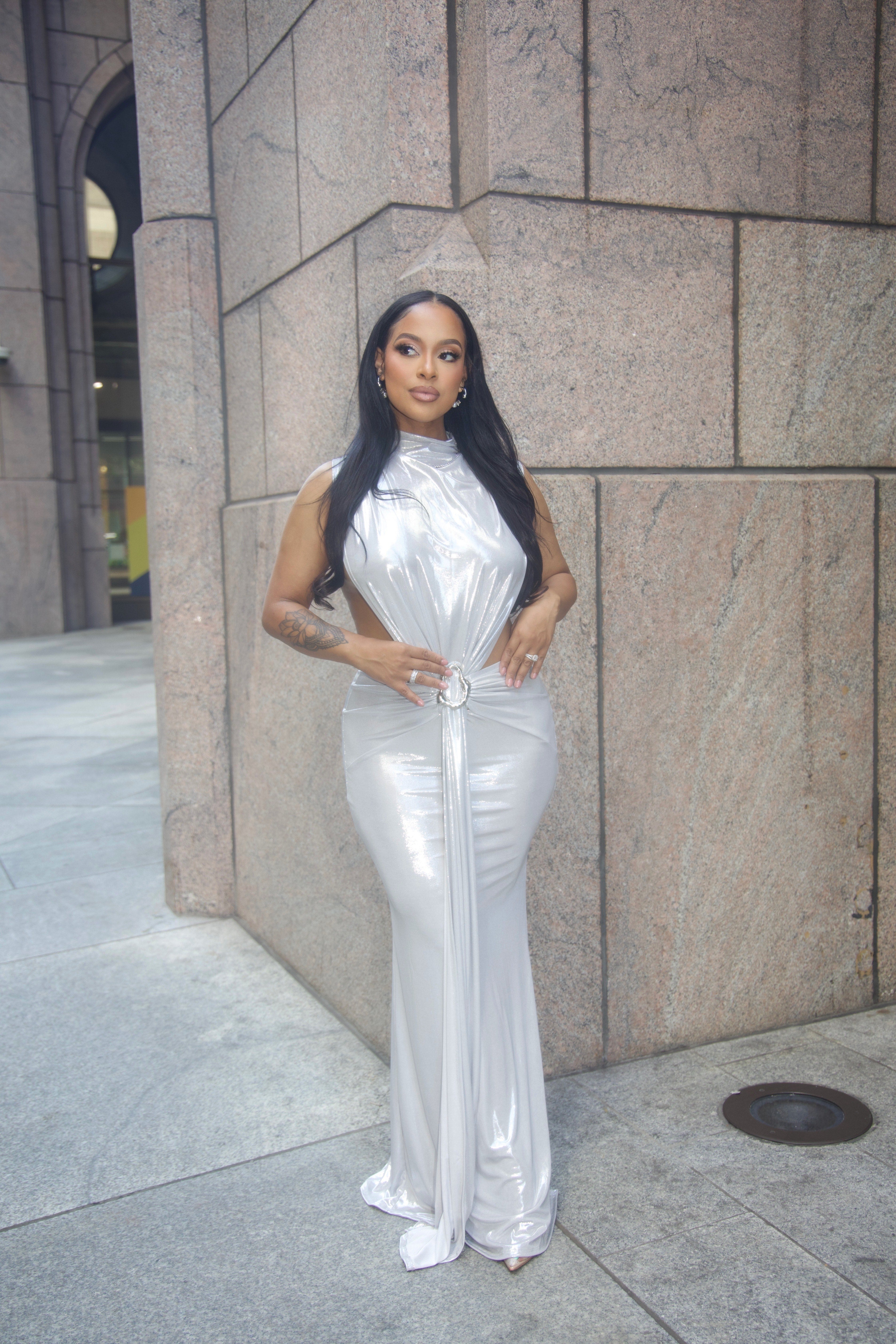 Silver Neck and Tied waist Dress